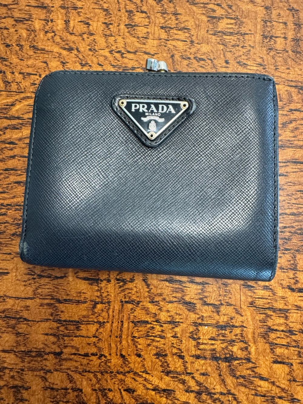 Prada Vintage Black Saffiano Leather Kisslock Bi-Fold Wallet w/COA